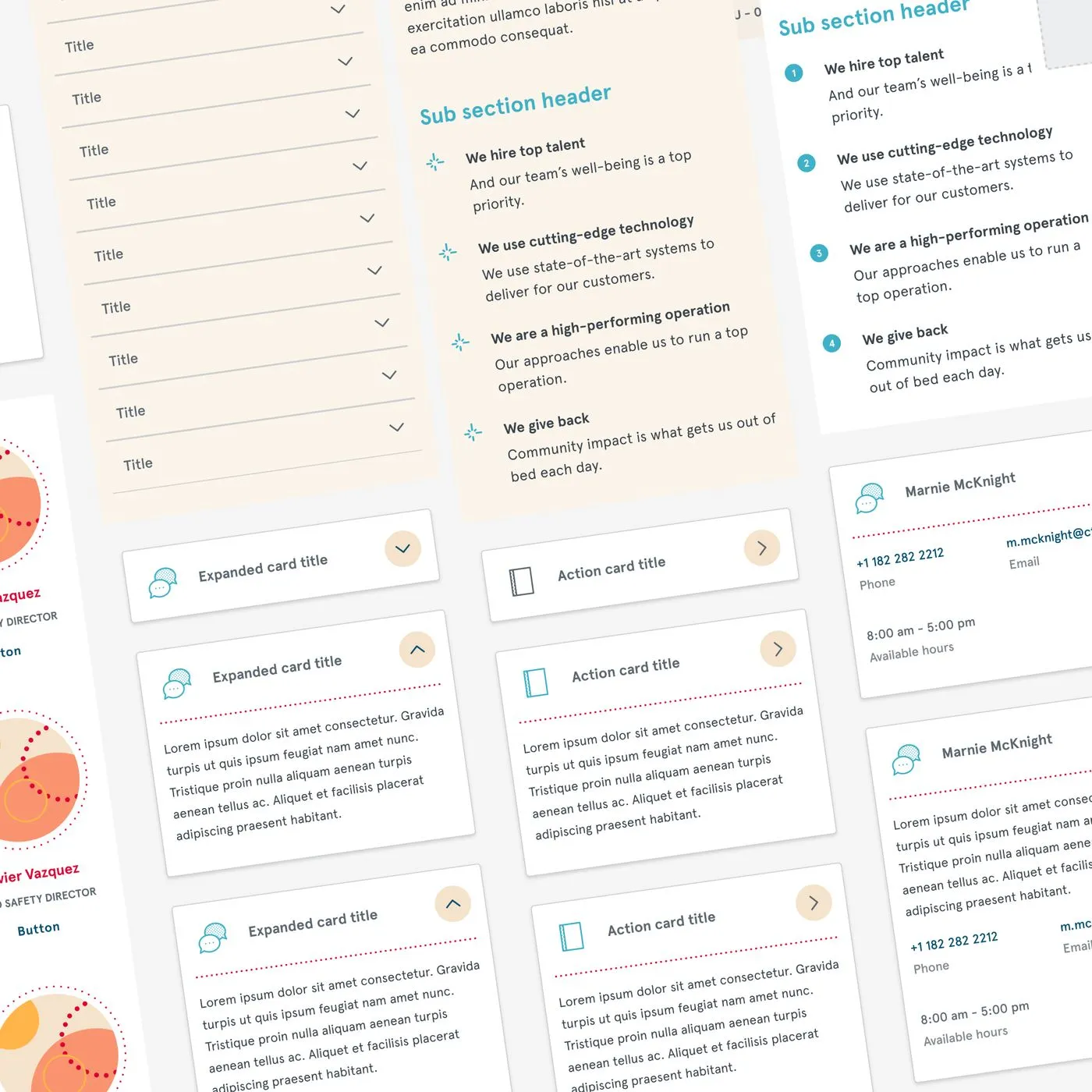 A collage of the component library: accordions, section headers, expandable and action cards, and staff contact cards
